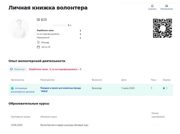 Личная книжка волонтёра
